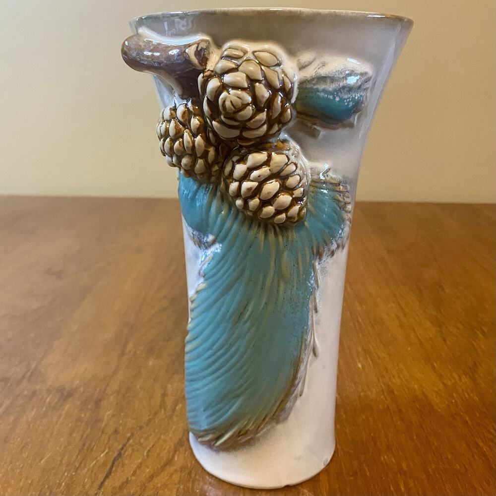 Vintage ceramic vase with pine cones Mountain Cabin Decor 9”